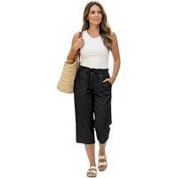 MyShoeStore Women's Women's Linen Blend 3/4 Trousers with Stretch Waist in Black | Size: 16