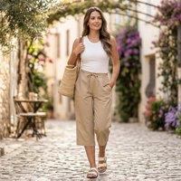 MyShoeStore Women's Women's Linen Blend 3/4 Trousers with Stretch Waist in Beige | Size: 20