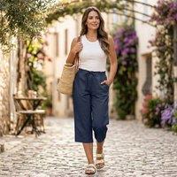 MyShoeStore Women's Women's Linen Blend 3/4 Trousers with Stretch Waist in Navy | Size: 14