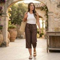 MyShoeStore Women's Women's Linen Blend 3/4 Trousers with Stretch Waist in Brown | Size: 12