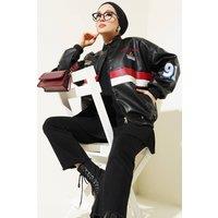 Big Dart Women's Color Blocked Faux Leather Oversized Bomber Jacket in Black | Size: Large