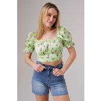 Influence Women's Short Sleeve Shirred Square Neck Cropped Top in Green | Size: 12