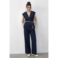 Bianco Lucci Women's Belted V-Neck Vest & Wide-Leg Trousers Set in Navy | Size: Medium