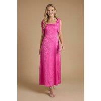 Oasis Women's Petite Bright Pink Square Neck Chiffon Tie Shoulder Satin Jacquard Bridesmaid Maxi Dress | Size: 12