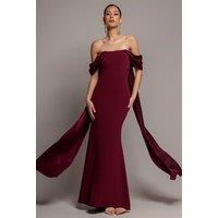 Goddiva Women's Off Shoulder Velvet Satin Wing Cape Maxi Dress in Burgundy | Size: 16