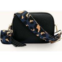 Apatchy London Women's Black Leather Crossbody Bag With Navy Leopard Strap