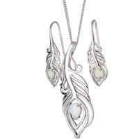 Ojewellery Women's Opal Peacock Feather Pendant Necklace Dangle Earrings Set in Silver | Size: 22 inches