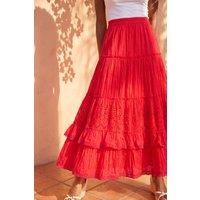 Roman Women's Broderie Tiered Maxi Skirt in Red | Size: 18