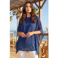 Roman Women's Sequin Hem Contrast Tunic Top in Blue | Size: 10