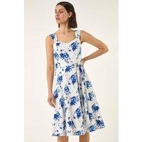Roman Women's Floral Tie Waist Midi Dress in White | Size: 10