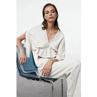 WOVCOR Women's Textured Wrap V Neck Cropped Peplum Sleeve Detail Top in Ecru | Size: 8