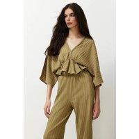 WOVCOR Women's Textured Wrap V Neck Cropped Peplum Sleeve Detail Top in Olive | Size: 6