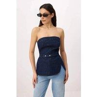 WOVCOR Women's Denim Bandeau Belted Structured Asymmetric Hem Top in Dark Blue | Size: Small