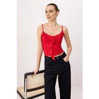 WOVCOR Women's Strappy Frill Detail Fitted Sleeveless Ribbed Top in Red | Size: Medium