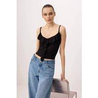 WOVCOR Women's Strappy Frill Detail Fitted Sleeveless Ribbed Top in Black | Size: Medium