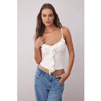 WOVCOR Women's Strappy Frill Detail Fitted Sleeveless Ribbed Top in Ecru | Size: XS