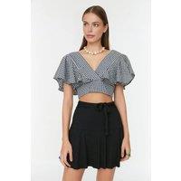 WOVCOR Women's Tie Waist Flared Mini Skater Skirt with Ruffled Hem Detail in Black | Size: Medium