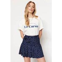 WOVCOR Women's Tie Waist Flared Mini Skater Skirt with Ruffled Hem Detail in Navy | Size: XS