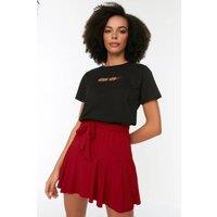 WOVCOR Women's Tie Waist Flared Mini Skater Skirt with Ruffled Hem Detail in Red | Size: Small