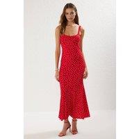 WOVCOR Women's Polka Dot Strappy Bodycon Maxi Dress with Frill Hem in Red | Size: XS