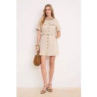 WOVCOR Women's Belted Button Front Utility Short Sleeve Mini Shirt Dress in Beige | Size: 10