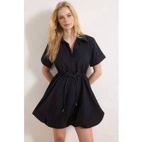 WOVCOR Women's Tie Waist Collared Short Sleeve Flippy Mini Shirt Dress in Black | Size: 6