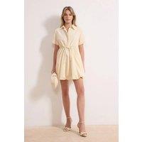 WOVCOR Women's Tie Waist Collared Short Sleeve Flippy Mini Shirt Dress in Stone | Size: 10