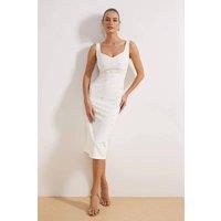 WOVCOR Women's Embroidered Square Neck Fitted Midi Dress with Straps in White | Size: 6