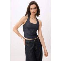 WOVCOR Women's Denim Halterneck Belted Fitted Sleeveless Corset Top in Dark Blue | Size: Large