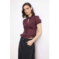 WOVCOR Women's Tie Neck Button Detail Frill Hem Short Sleeve Shirt in Plum | Size: 6