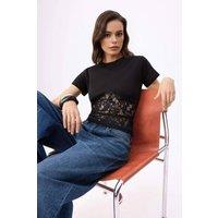 WOVCOR Women's Lace Panel Crew Neck Short Sleeve Fitted Contrast Top in Black | Size: Large