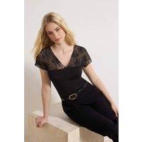 WOVCOR Women's Lace Panel V Neck Short Sleeve Fitted Contrast Top in Black | Size: XS