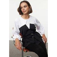 WOVCOR Women's Contrast Panel Belted Puff Sleeve Long Sleeve Blouse Top | Size: 6