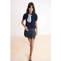 WOVCOR Women's Tie Neck Collared Short Sleeve Knitted Slim Fit Top in Navy | Size: Small