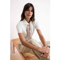 WOVCOR Women's Tie Neck Collared Short Sleeve Knitted Slim Fit Top in Ecru | Size: Large