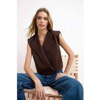 WOVCOR Women's Collared Wrap Front Sleeveless Stopper Detail Vest in Brown | Size: 6