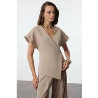 WOVCOR Women's Oversized Wrap Front Short Sleeve Woven Tailored Vest in Taupe | Size: 12