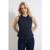 WOVCOR Women's Fitted Cotton Denim Vest with Button Detail Sleeveless in Dark Navy | Size: Medium