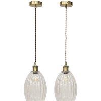 First Choice Lighting Set of 2 Birch - Clear Fluted Glass Antique Brass Retro Pendants