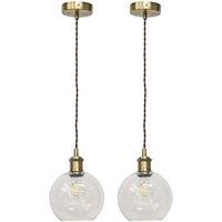 First Choice Lighting Set of 2 Barnum - Clear Glass Globe Antique Brass Retro Pendants