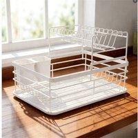 SPETLEK 2 Tier Kitchen Sink Dish Drainer Rack with Drip Tray & Cutlery in White