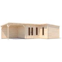 Dunster House L-Shaped Log Cabin W9m x D5m / 29' x 16'6" Pent, 24mm, DG - HellWolf in Brown
