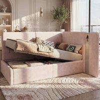 BTM 3ft Single Daybed Upholstered Storage Bed USB Reading Light in Pink