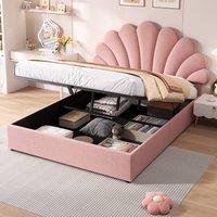 BTM Pink Velvet Petal Bed with Hydraulic Storage, 4.5FT
