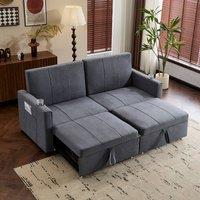 BTM King Size Pull Out Sofa Bed Convertible Fabric Couch with Cup Holders in Grey