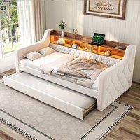 Direct Wicker Velvet Storage Sofa Bed with LED Ambiance & USB-C Port, 90x190 cm in Beige | Size: Single