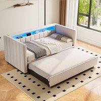 Direct Wicker Multifunctional Pull-out Sofa Bed with USB-Type-C port, LED lighting in Beige | Size: Single