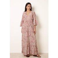 Blue Vanilla Women's Shirred Waist Pink Three Quarter Sleeve Slip On V-neck Maxi Dress | Size: S/M