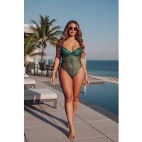 Femme Luxe Women's Stripped Lace Cup Detail Strappy Plunge Bodysuit in Emerald | Size: 8-10
