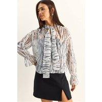 Bianco Lucci Women's Abstract Print Choker Collar Chiffon Blouse with Tie Detail in White | Size: Medium